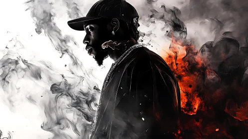 Digital painting portrait with dual-tone smoke composition balance.