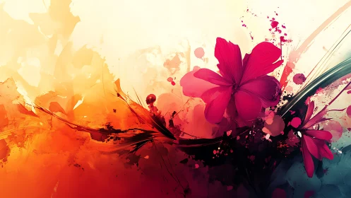 Digital Floral Composition with Gradient Color Transition and Ink Splatter Texture