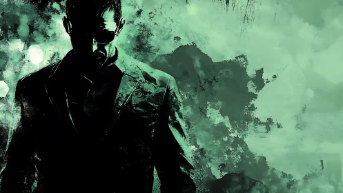Dark suited figure in green abstract digital background.