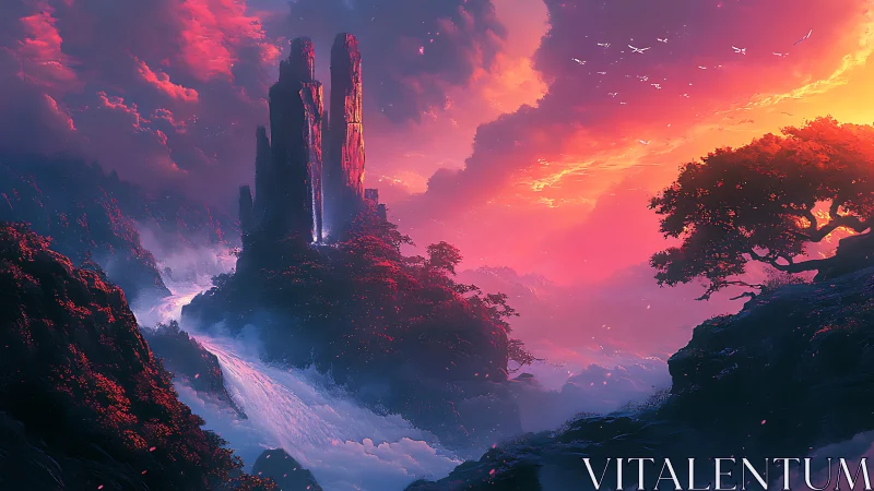 Dreamy twilight cliffs above a glowing river valley.