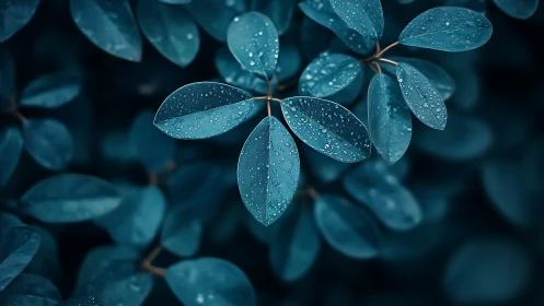 Raindrops on teal foliage in soft cinematic focus.