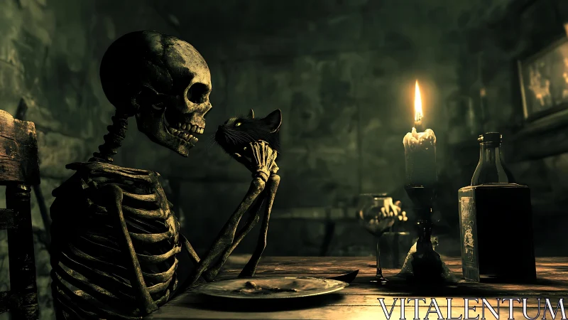 Candlelit skeleton tableau in moody 3D cinematic composition.