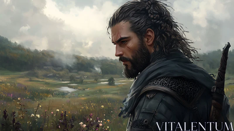Stoic warrior profile in misty valley landscape setting.