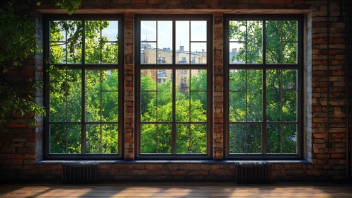 Industrial loft windows framing lush urban greenery.