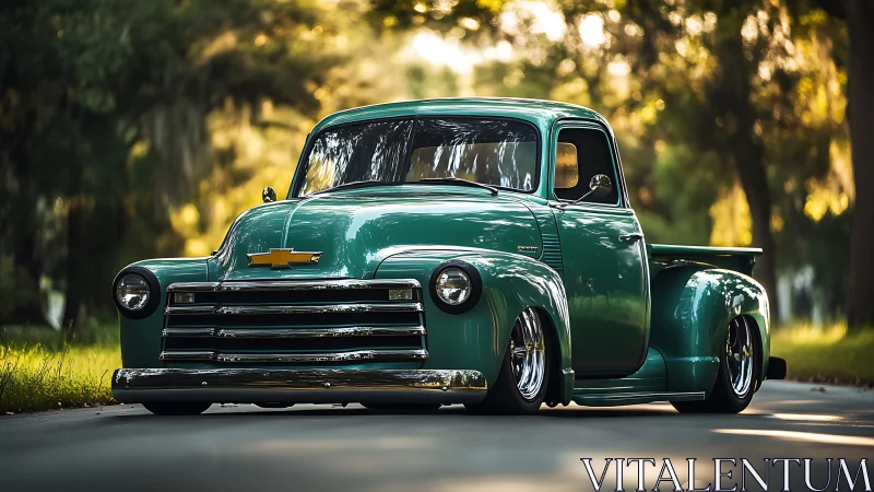 Restored teal Chevrolet pickup truck on tree lined country road