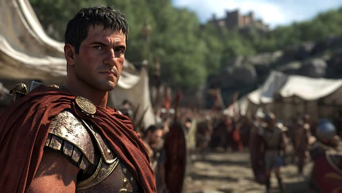 Roman centurion in shallow-focus militarized encampment study.