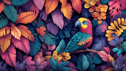 Neon jungle parrot perched in a lush prism of leaves.