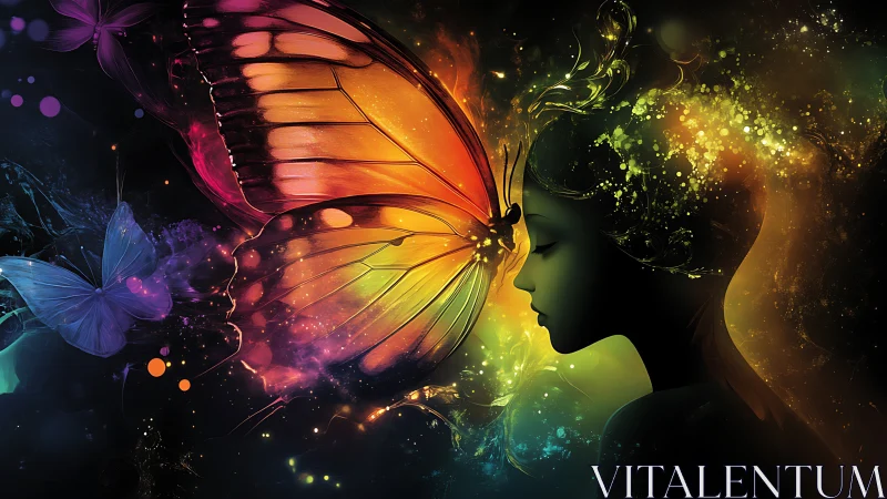 Luminous butterfly merges with silhouetted spirit profile