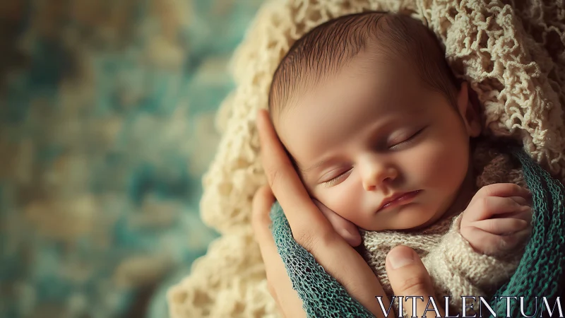 Peacefully Slumbering Newborn Nestled in Soft Cream and Teal Knit Wrappings