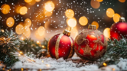 Crimson Christmas baubles glow in snowfall and golden bokeh.