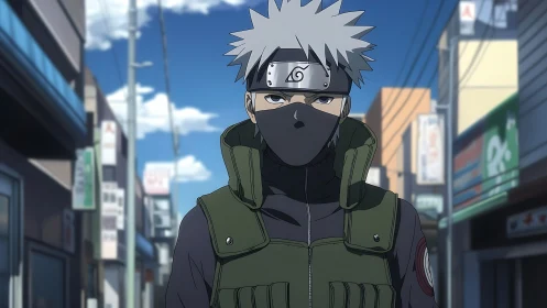 Masked silver-haired ninja strolls through modern city street.