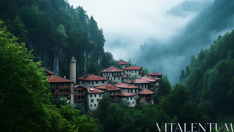 Mountain village complex emerges from dense forest mist