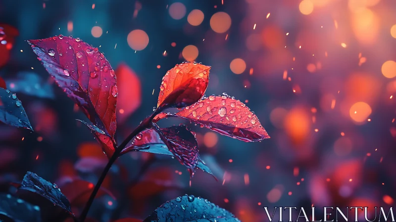 Rain kissed red leaves glowing in dreamy evening light.