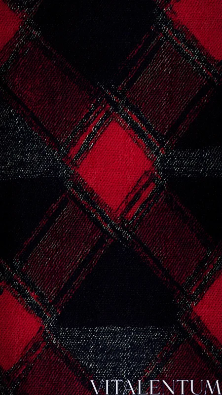 Textile macro of red and black tartan diamond grid pattern.