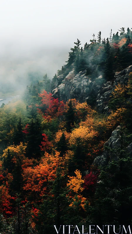 Misty autumn forest climbs a rugged mountain slope.
