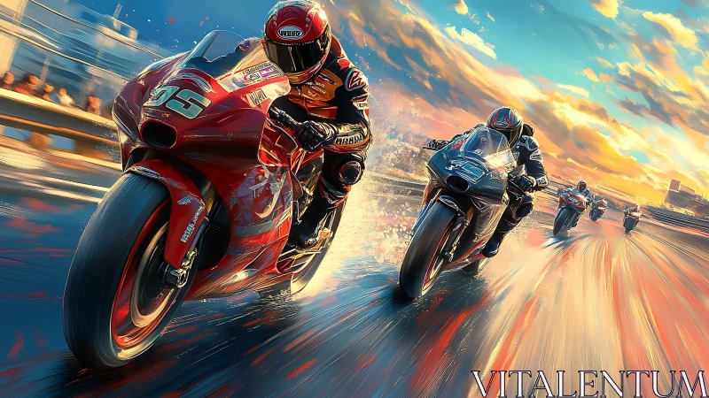 Motorcycle racers slice through neon-lit sunset speedway.