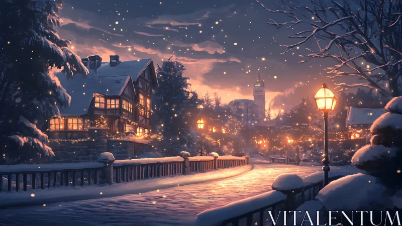 Winter village street in warm lamplight digital painting.