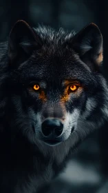 Ember-eyed wolf studies the hush of a snowlit forest night