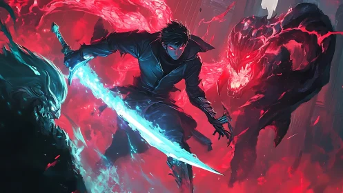 Shadow swordsman cleaves flaming demons in neon storm.