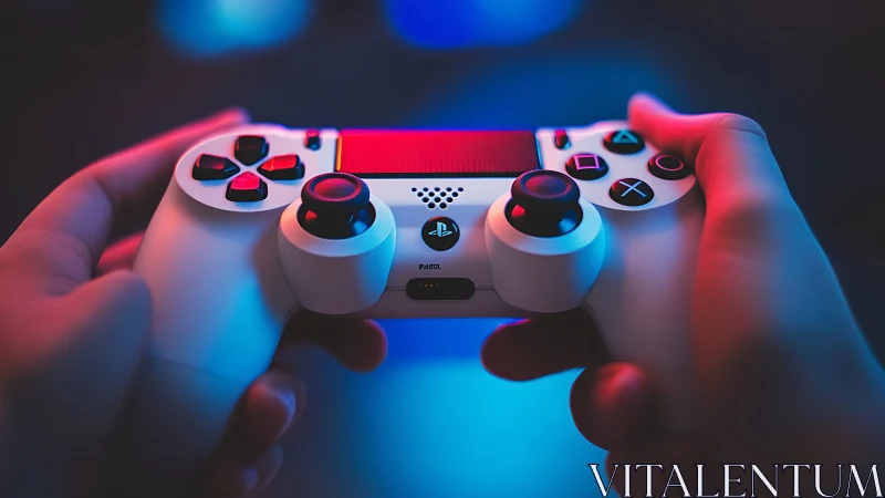 PlayStation Controller Held in Hands With RGB Lighting Effects