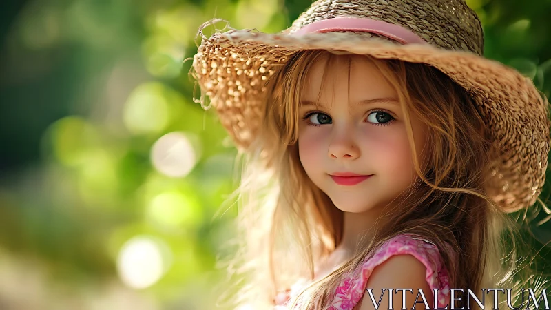 Young girl in straw hat against soft green background.