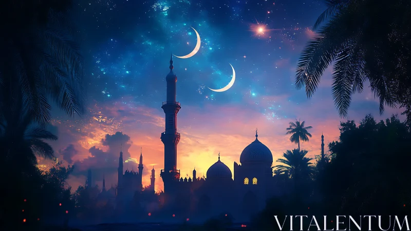 Crescent moons over illuminated mosque at twilight sky