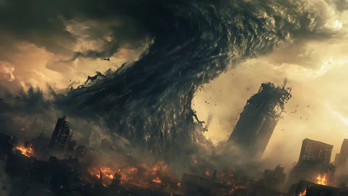 Storm-twisted city swallowed by a towering vortex of firestorm.