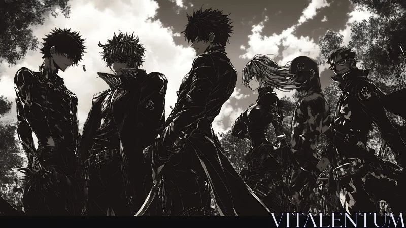 Shadowed anime squad under blazing midday sky line-up.