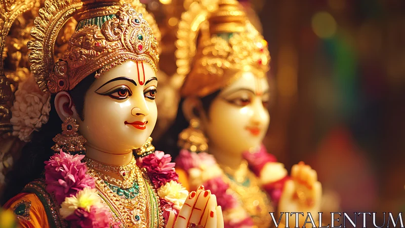 Gilded Hindu deity statues are shown in close frontal focus