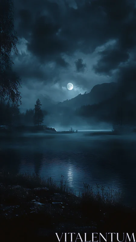Moonlit lake and distant hills are viewed through low mist