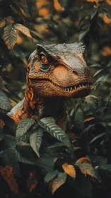 Velociraptor head emerging from dense jungle foliage.