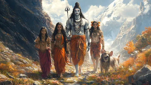 Himalayan divine procession strides through autumn light.