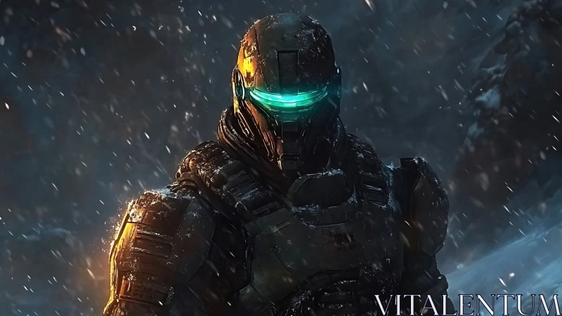 Armored sci fi soldier stands in blizzard with glowing visor slit