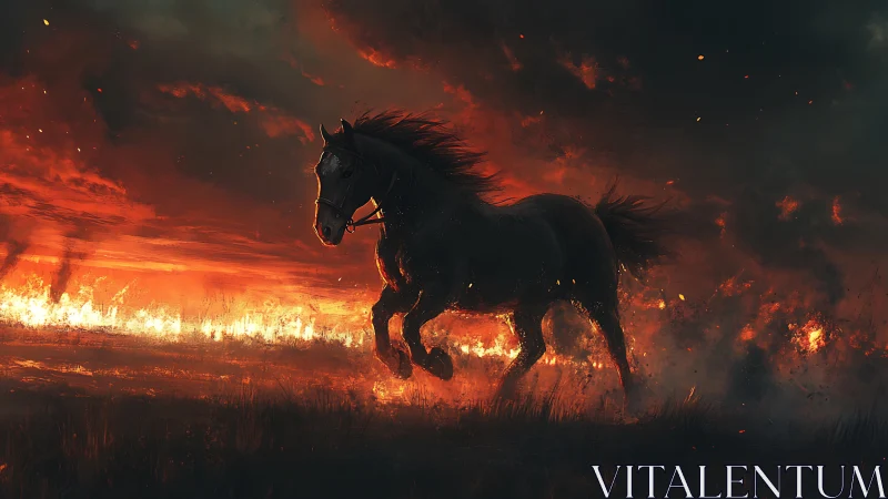 Midnight warhorse charges through a horizon of burning sky