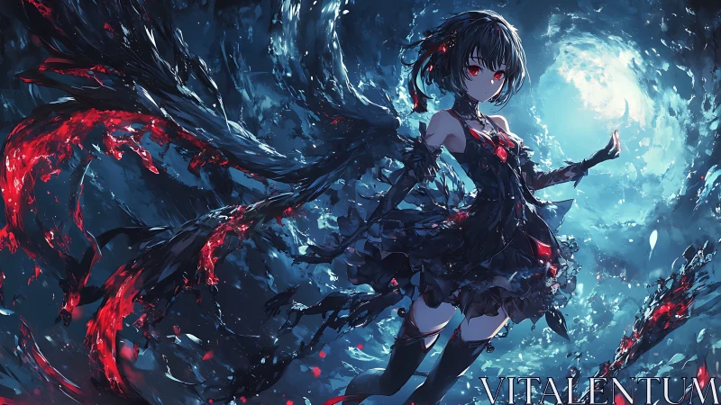 Dark angel girl commands swirling bloodlit vortex.