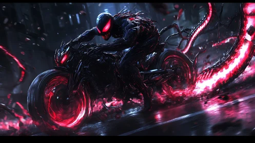 Neon symbiote rider streaking through rain slick midnight streets.