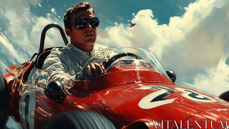 Sky-chasing racer rockets through clouds in red thunder.