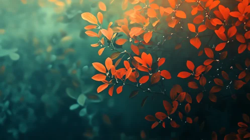 Vibrant Red Leaves on Branches in Soft Focus Nature Art Style.