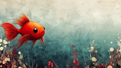 Orange stylized fish swims left in textured aquatic setting