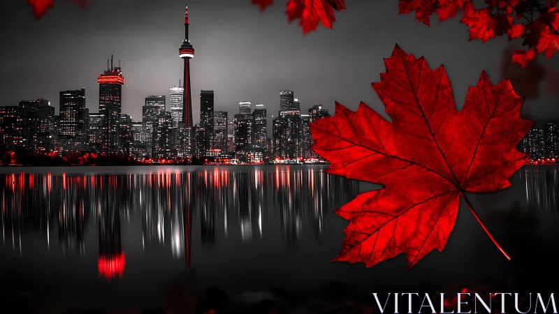 Red maple leaf overlay against monochrome Toronto skyline.