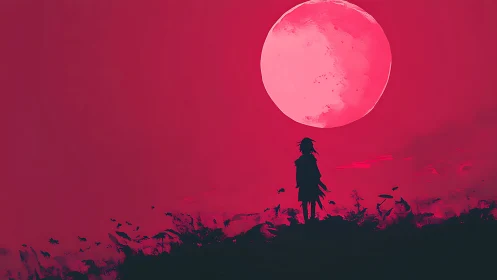Soft crimson moon welcomes a lone dreamer into quiet wonder