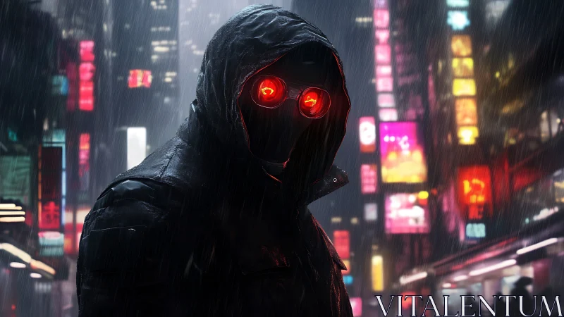 Mysterious hooded watcher under neon city rain at night.