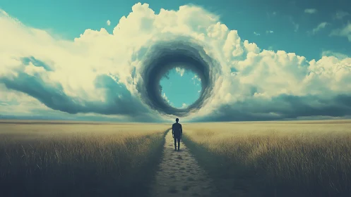 Solitary figure approaches concentric vortex opening in cumulus cloud