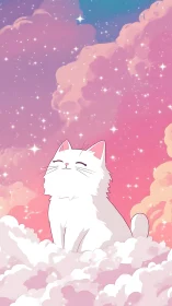 Celestial white cat in pastel nebula cloudscape illustration.