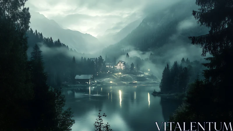 Lakeside chalet amid misty conifer forest at night.