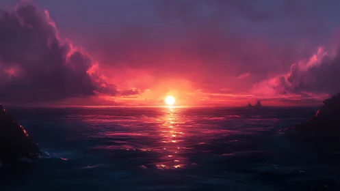 Crimson horizon sunset over tranquil digital seascape.