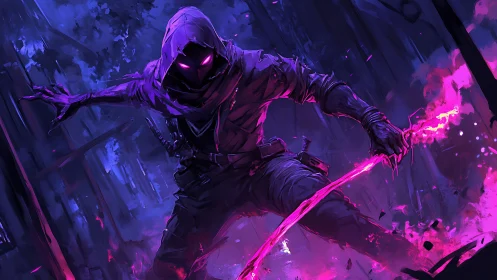 Hooded spectral assassin with magenta energy blade in motion.