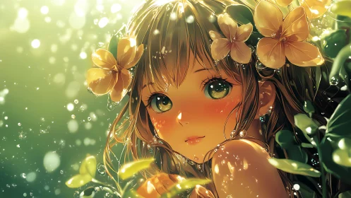 Backlit anime portrait renders floral girl with bokeh droplets