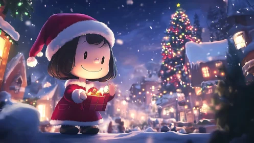 Cartoon girl in Santa outfit holds glowing gift on snowy street