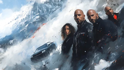 Four figures in black jackets before snowy mountain slope.